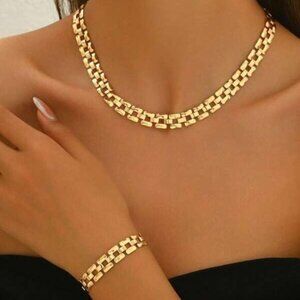 18K Gold Filled Box Link Necklace & Bracelet Set